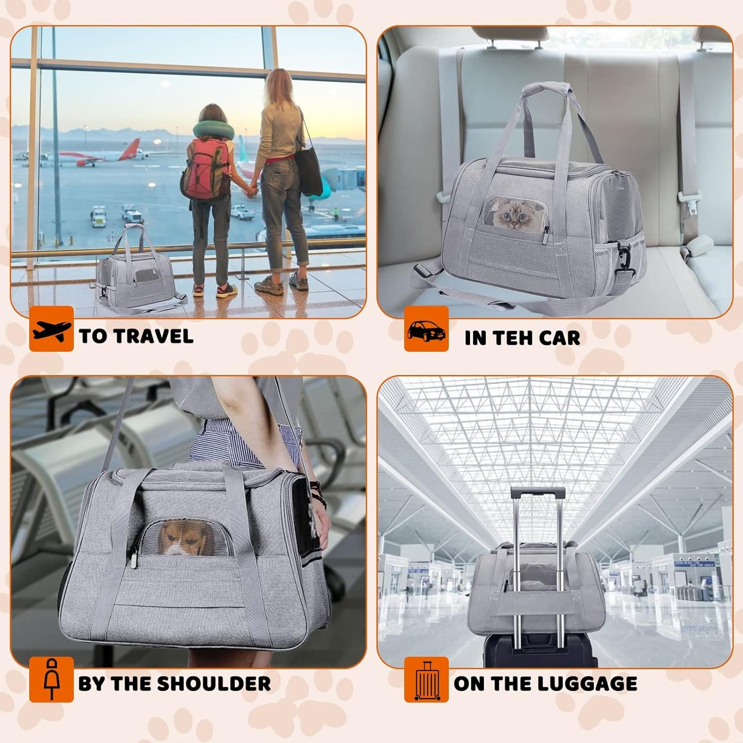 Pet Carrier Bag Airline Approved for Cats and Dogs up to 20Lbs, with Soft Travel Bag, Harness, Nail Clipper, Brush, Foldable Bowl