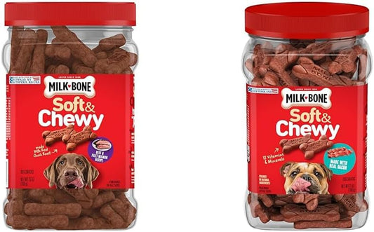 Milk-Bone Soft & Chewy Dog Treats Bundle: Beef & Filet Mignon Recipe 25 Ounce + Real Bacon 25 Ounce