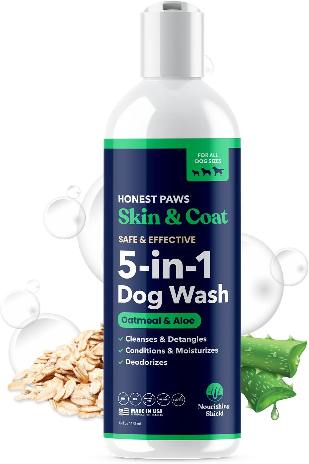 Honest Paws Dog Shampoo and Conditioner - Premium Dog Wash for Allergies and Dry, Itchy, Moisturizing for Sensitive Skin - Sulfate Free, Plant Based, All Natural - Oatmeal & Aloe -16 Fl Oz