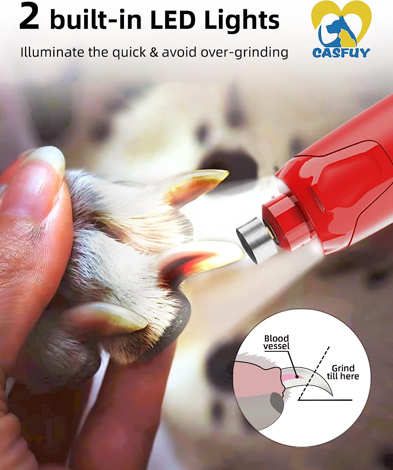 Casfuy Dog Nail Grinder Quiet - (45Db) 6-Speed Pet Nail Grinder with 2 LED Lights for Large Medium Small Dogs/Cats, Professional 3 Ports Rechargeable Electric Dog Nail Trimmer with Dust Cap(Red)