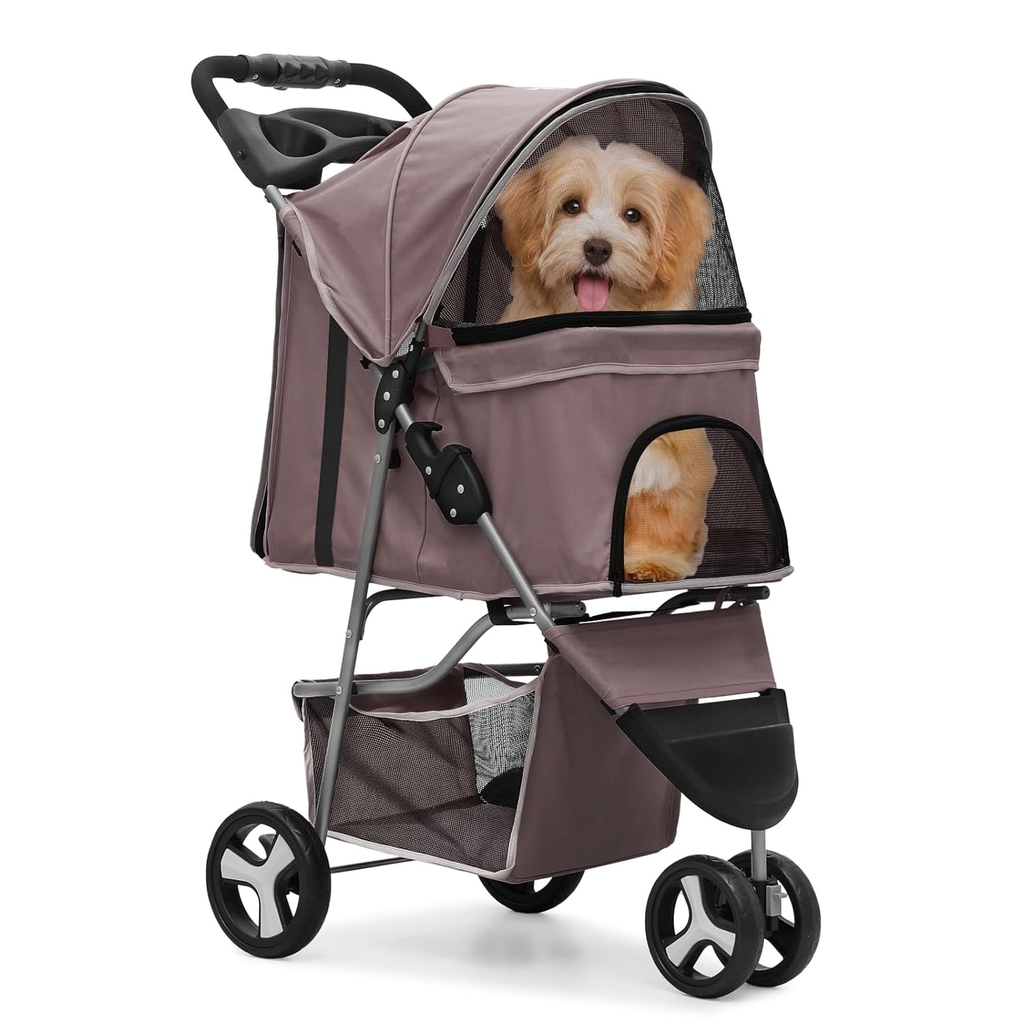 Monibloom Foldable Dog Strollers for Small Dogs with Weather Cover, 3 Wheels Pet Strolling Cart for Dogs and Cats with Storage Basket and Cup Holder, Breathable and Visible Mesh for All-Season, Coffee