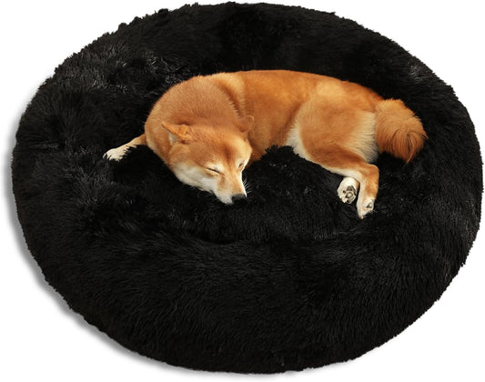 Dog Bed Calming Dog Beds for Small Medium Large Dogs - round Donut Washable Dog Bed, Anti-Slip Faux Fur Fluffy Donut Cuddler Anxiety Cat Bed(20"/27"/35") (Large, Black)