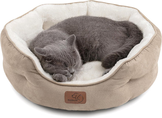 Bedsure Dog Beds for Small Dogs - round Cat Beds for Indoor Cats, Washable Pet Bed for Puppy and Kitten with Slip-Resistant Bottom, 20 Inches, Taupe