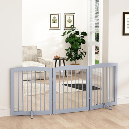 Freestanding Pet Gate for Dogs, Foldable Wooden Dog Gate for House, Indoor Dog Gate for Doorways, Stairs, Step over Pet Puppy Safety Fence, Support Feet Included, 24" Height 3 Panels, Grey