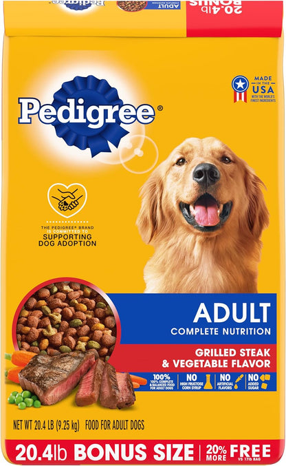 PEDIGREE Complete Nutrition Adult Dry Dog Food Grilled Steak & Vegetable Flavor Dog Kibble, 20.4 Lb. Bag