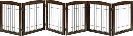 LZRS Sturdy Wood Pet Gate, Freestanding Wire Dog Gate Safety Fence Indoor, Foldable Stair Barrier Pet Exercise for Most Furry Friends, Dog Gate for Stairs, Walnut,24" Height-6 Panels