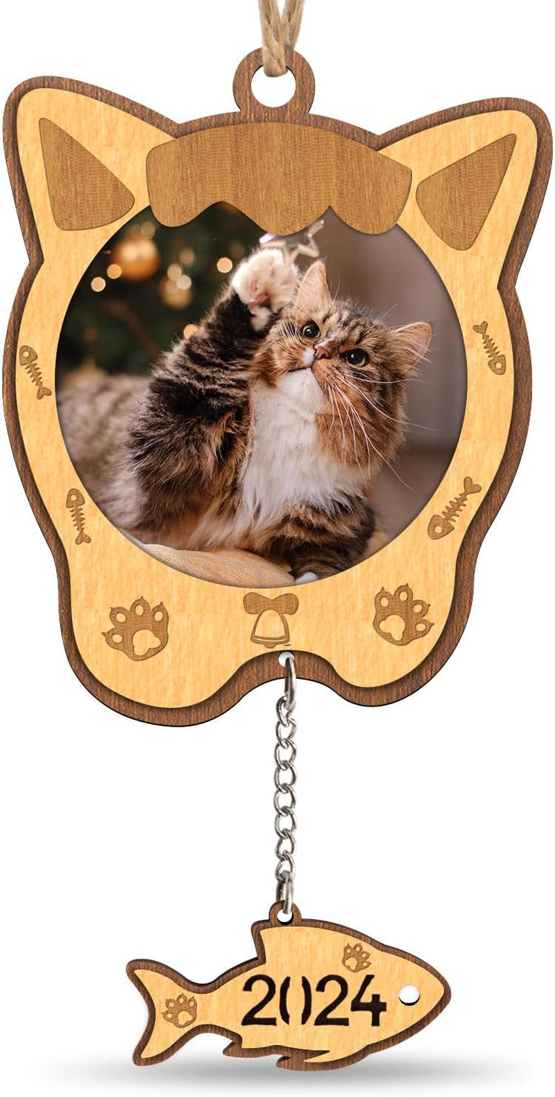 Creawoo Cat Picture Ornament 2024 Christmas Cat Photo Frame, Wooden Christmas Tree Decoration, Meow Xmas Ornament, Personalized Gift Holiday Hanging Pet Keepsake with Fish Dangle