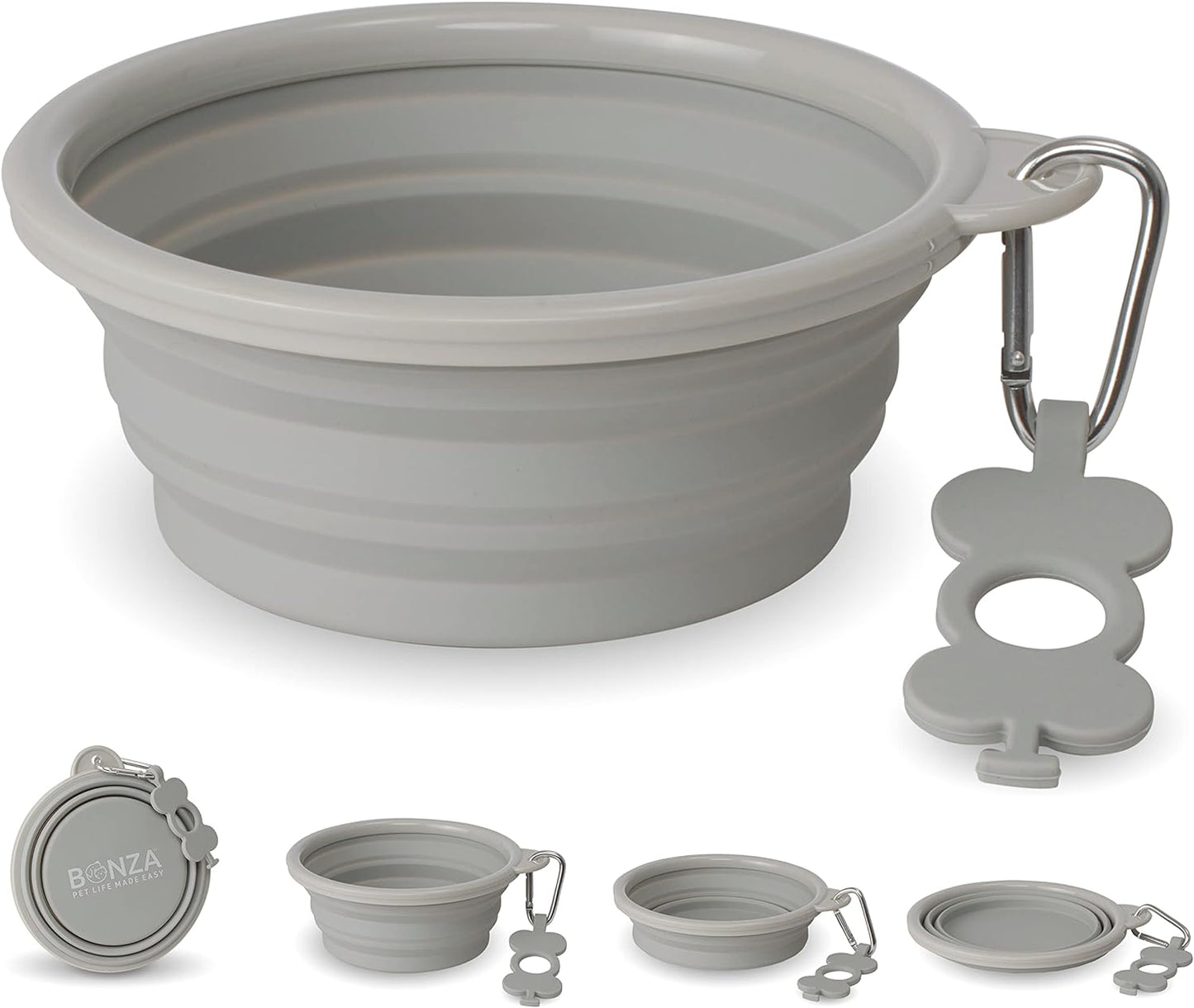 Large Collapsible Dog Bowl 1000 Ml, Sturdy Reinforced Rim, Includes Carabiner & Water Bottle Holder Keychain, Light Gray