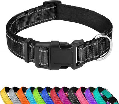 Reflective Dog Collar, Adjustable Soft Neoprene Padded Nylon Pet Collars with Buckle for Medium Dogs, Black,M