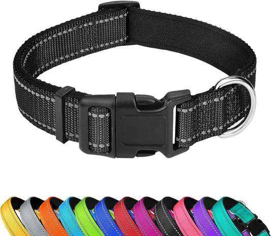 Reflective Dog Collar, Adjustable Soft Neoprene Padded Nylon Pet Collars with Buckle for Small Dogs, Black,S