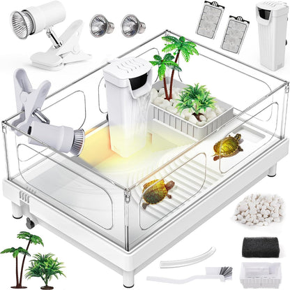 Small Turtle Tank Kit(Tank+Light+Filter), Acrylic Turtle Tank Starter Kit with Bask Platform, Bottom Drain, Multi-Function Area for Small Reptiles.(White)