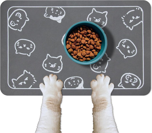 YCT Cat Food Mat for Pet Dog Food Mat, Cat Mat for Food and Water, Cat Feeding Mat Pet Dog Cat Bowl Mat, Non-Slip Super Absorbent, with Multiple Cat Heads Logo，18.1 X 11.8 Inches, Dark Grey