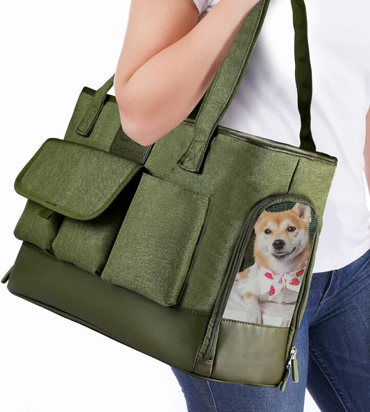 Cat Carrier, Dog Carrier, Pet Carrier, Foldable Waterproof Premium PU Leather Oxford Cloth Dog Purse, Portable Bag Carrier for Small to Medium Cat and Small Dog-Green