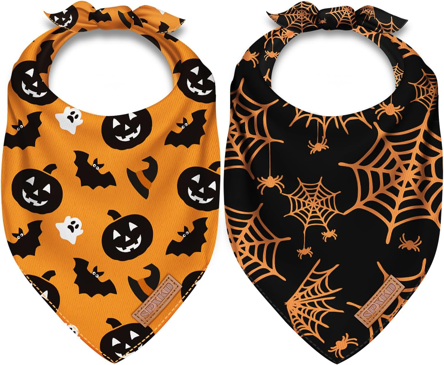 Halloween Dog Bandanas 2 Pack Washable Soft Cotton Halloween Pumpkin and Spider Bibs Scarf Multiple Sizes Offered Premium Durable Fabric Adjustable Fit