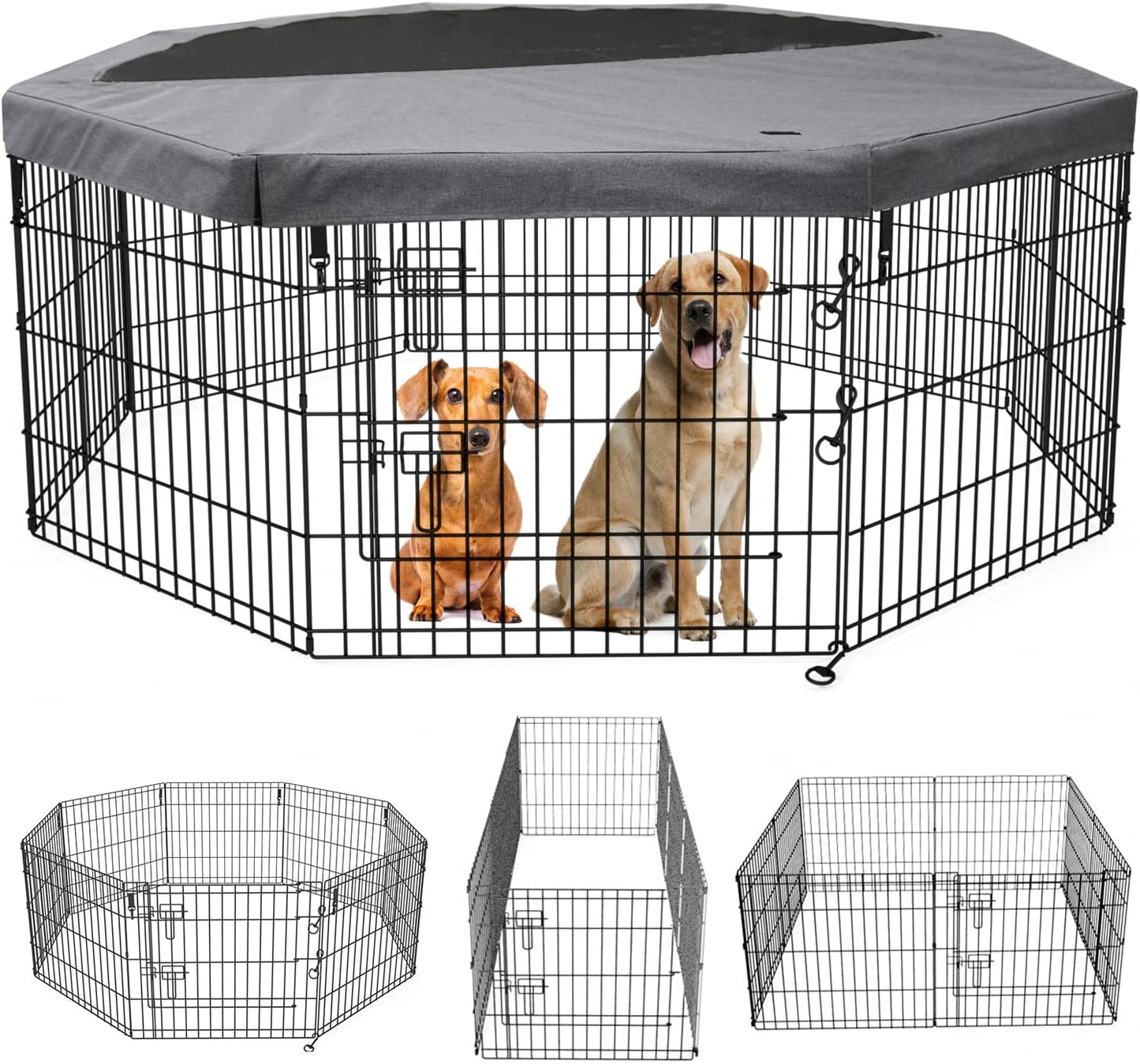 PETIME Foldable Metal Dog Exercise Pen/Pet Puppy Playpen Kennels Yard Fence Indoor/Outdoor 8 Panel 24" W X 24" H with Top Cover (With Top Cover, 8 Panels 24" H)