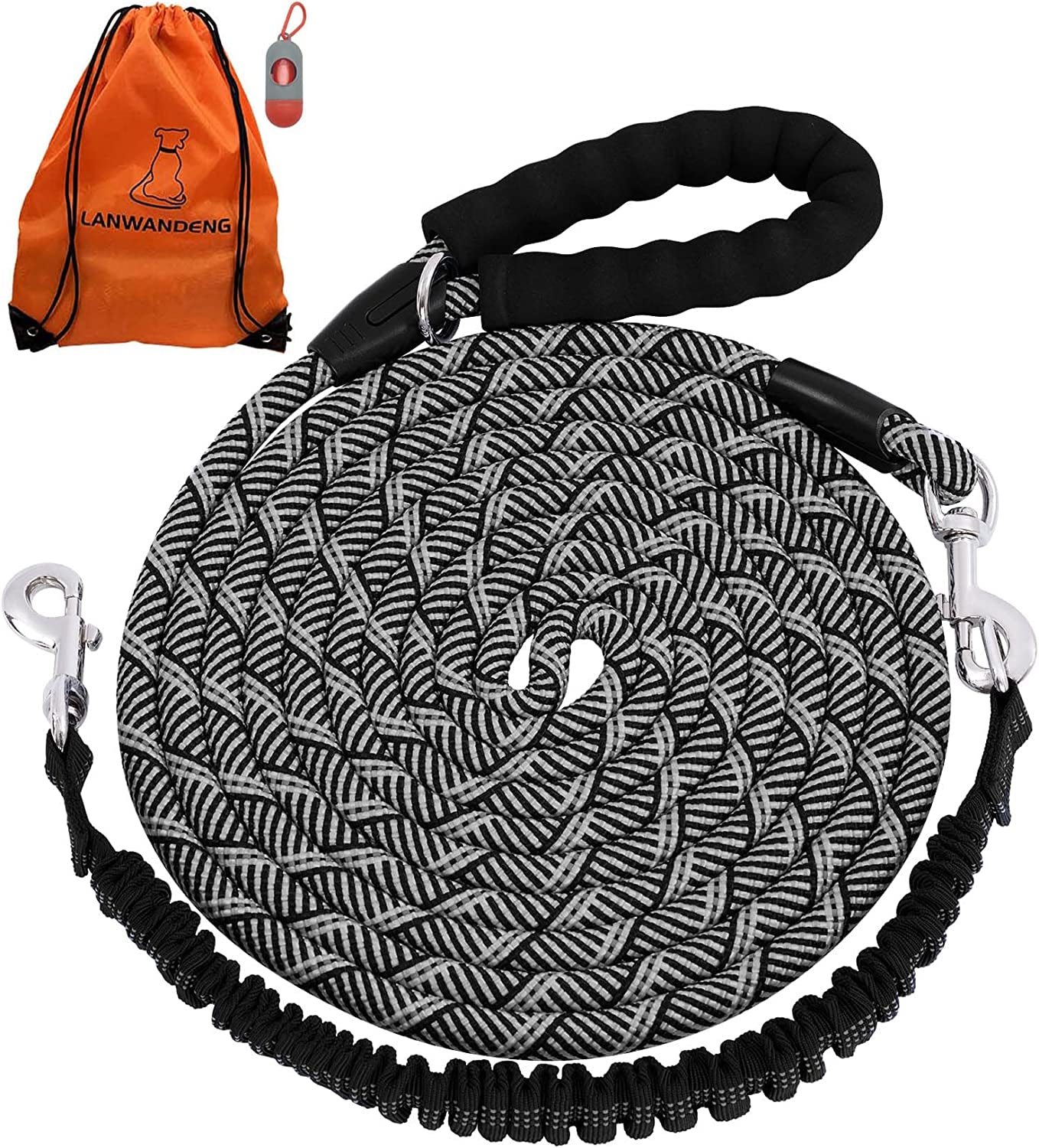 Long Dog Leash with Reflective Threads 15FT 20FT 30FT 50Ft,Heavy Duty Bungee Dog Leashes for Small Medium Large Dogs,Shock Absorbing Training Leash for Walking,Hunting,Camping&Yard