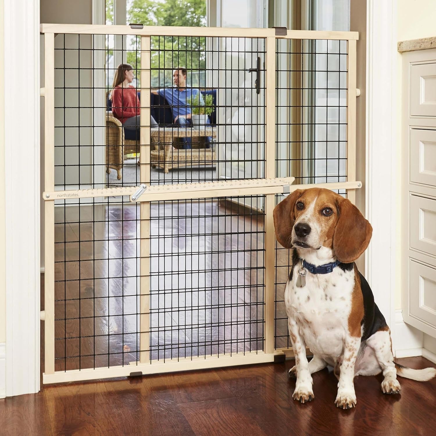 MYPET North States Wire Mesh Dog Gate: 29.5-48" Wide. Pressure Mount. No Tools Needed. Dog Gate 37" Tall, Expandable, Durable Dog Gates for Doorways, Sustainable Hardwood