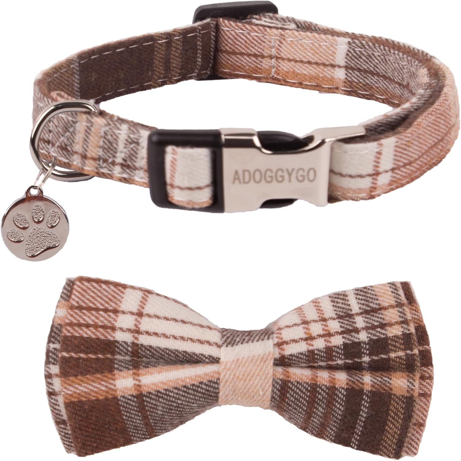 ADOGGYGO Soft Bowtie Dog Collar, Plaid Dog Collar with Detachable Bow tie Adjustable Pet Plaid Collars for Small Medium Large Dogs Pets (Large, Brown)