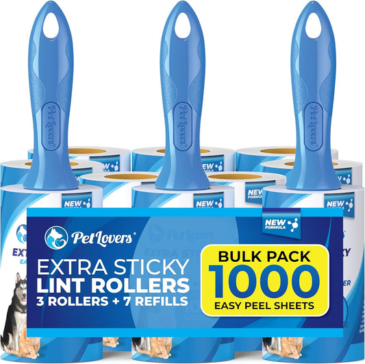 PetLovers Extra Sticky Lint Roller Bulk Value Set 3 Rollers 7 Refills 1,000 Sheets for Pet Hair Removal, Dog and Cat Lint Remover