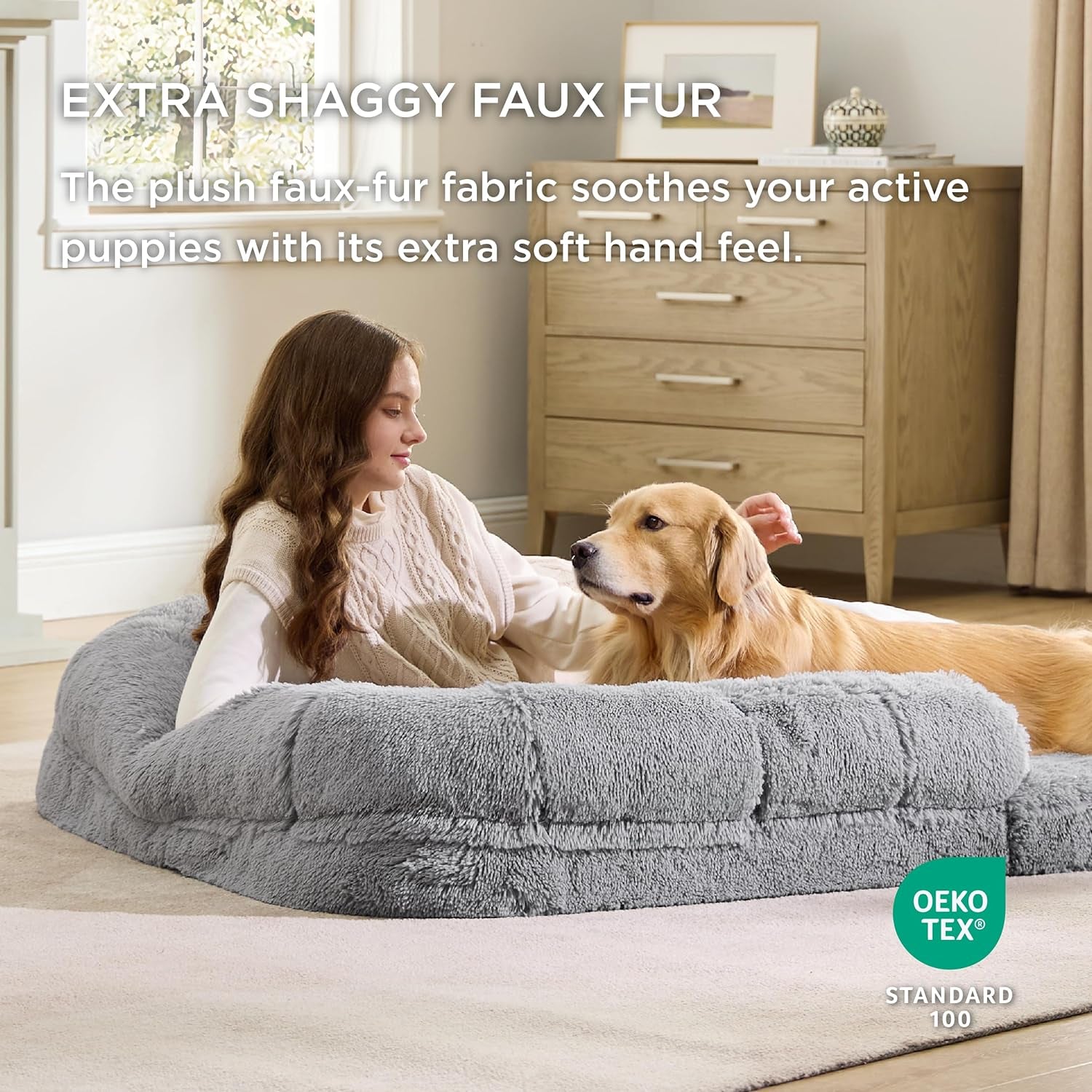 Bedsure Foldable Human Dog Bed for People Adults, 2 in 1 Calming Human Size Giant Dog Bed Fits Pet Families with Egg Foam Supportive Mat and Waterproof Liner, Faux Fur Orthopedic Dog Sofa, Light Grey