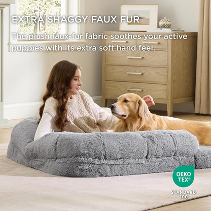 Bedsure Foldable Human Dog Bed for People Adults, 2 in 1 Calming Human Size Giant Dog Bed Fits Pet Families with Egg Foam Supportive Mat and Waterproof Liner, Faux Fur Orthopedic Dog Sofa, Light Grey