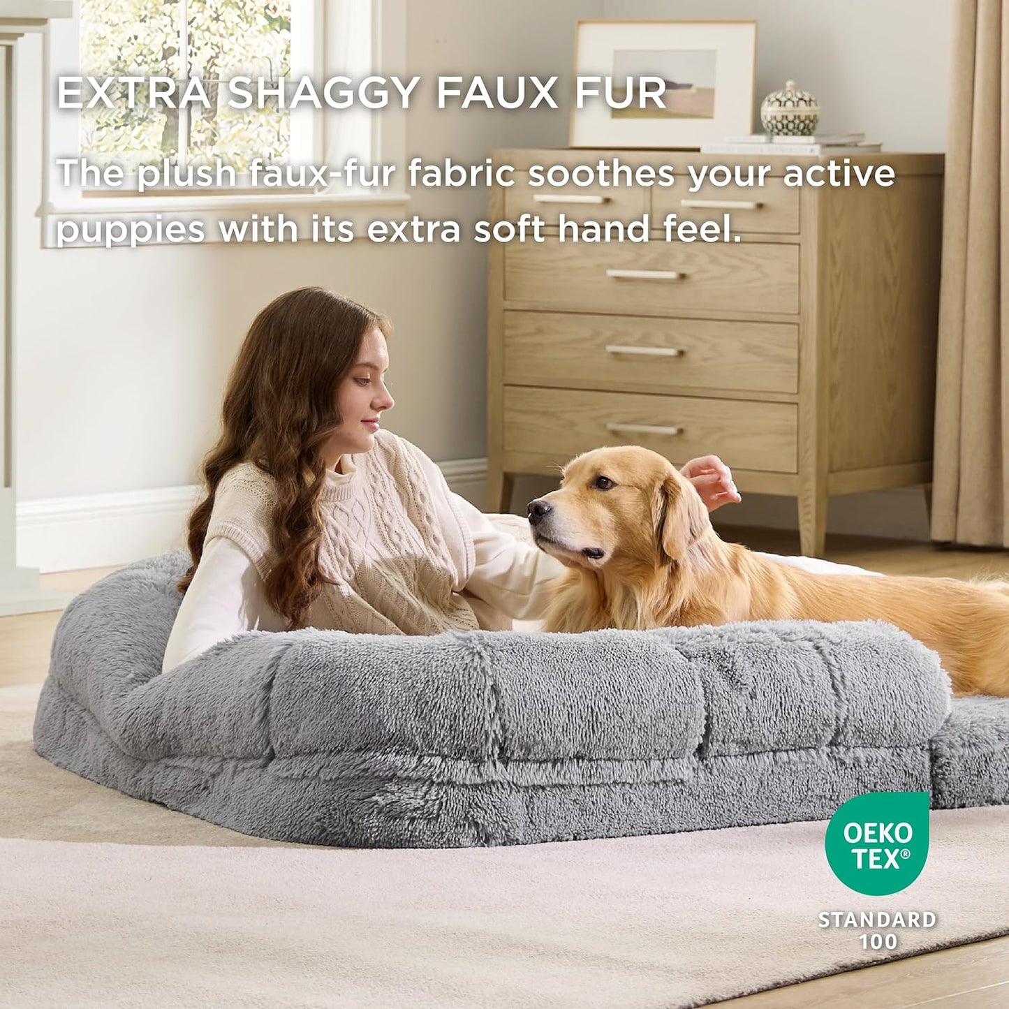 Bedsure Foldable Human Dog Bed for People Adults, 2 in 1 Calming Human Size Giant Dog Bed Fits Pet Families with Egg Foam Supportive Mat and Waterproof Liner, Faux Fur Orthopedic Dog Sofa, Light Blue