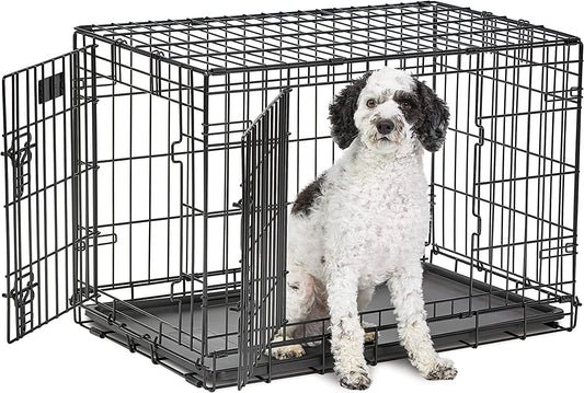 Medium Dog Crate | Midwest Life Stages 30" Double Door Folding Metal Dog Breed Crate | Divider Panel, Floor Protecting Feet & Dog Pan | 30.6L X 19.3W X 21.4H Inches