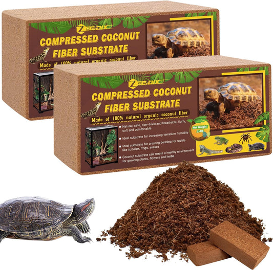 ZeeDix 2Pcs Compressed Coconut Fiber Substrate, 100% Organic Coco Coir Fiber Brick Substrate Fluffy Bearded Dragon Tortoise Snake Terrarium Substrate Loose Natural Husk Terrarium Bedding for Reptiles