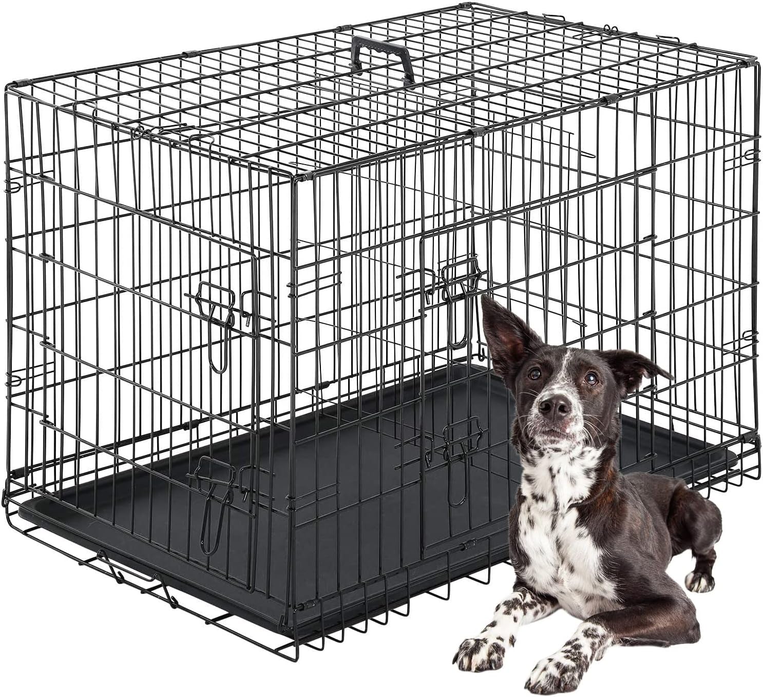 FDW Dog Crate Dog Cage Pet Crate for Large Dogs Folding Metal Pet Cage Double Door W/Divider Panel Indoor Outdoor Dog Kennel Leak-Proof Plastic Tray Wire Animal Cage (Black, 42 Inch)