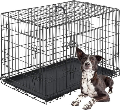 FDW Dog Crate Dog Cage Pet Crate for Large Dogs Folding Metal Pet Cage Double Door W/Divider Panel Indoor Outdoor Dog Kennel Leak-Proof Plastic Tray Wire Animal Cage (Black, 42 Inch)