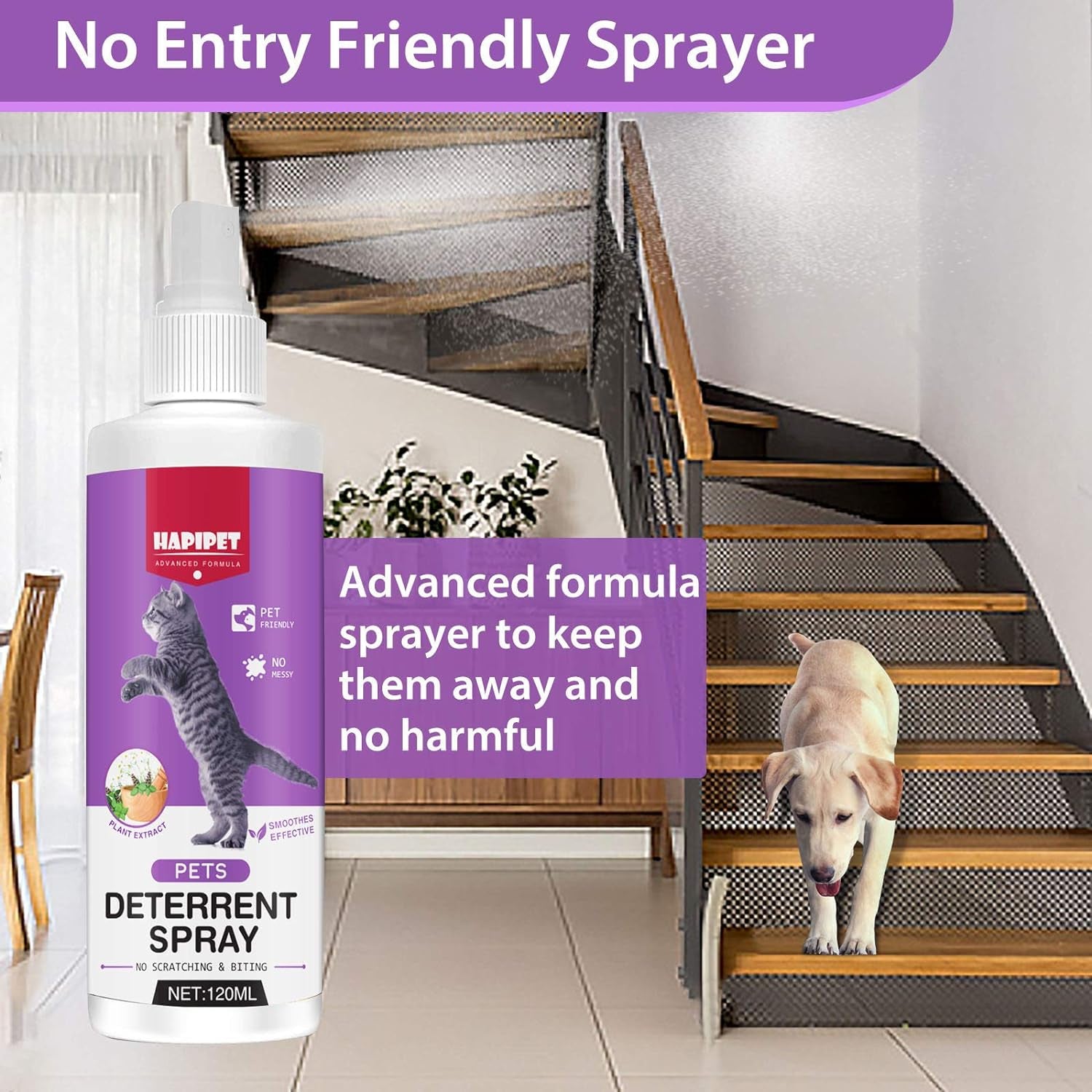 Cat Deterrent Spray, 120ML Cat Repellent Spray, Natural Cat Deterrent Indoor & Outdoor for Pet Behavior Training, Prevent Cats Scratching Furniture & Plants, Suitable for Cats & Dogs