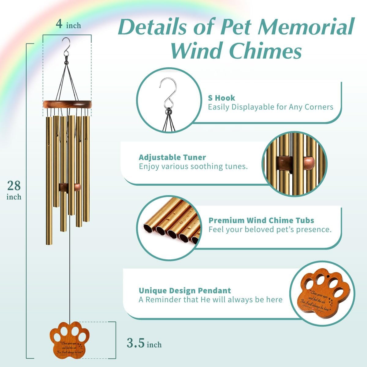 Dog Memorial Gifts for Loss of Dog - Loving Pet Memorial Wind Chimes, Dog Bereavement Gifts with Memorial Poem Gift Cards for the Passing of Dogs and Cats (Sunset Gold)