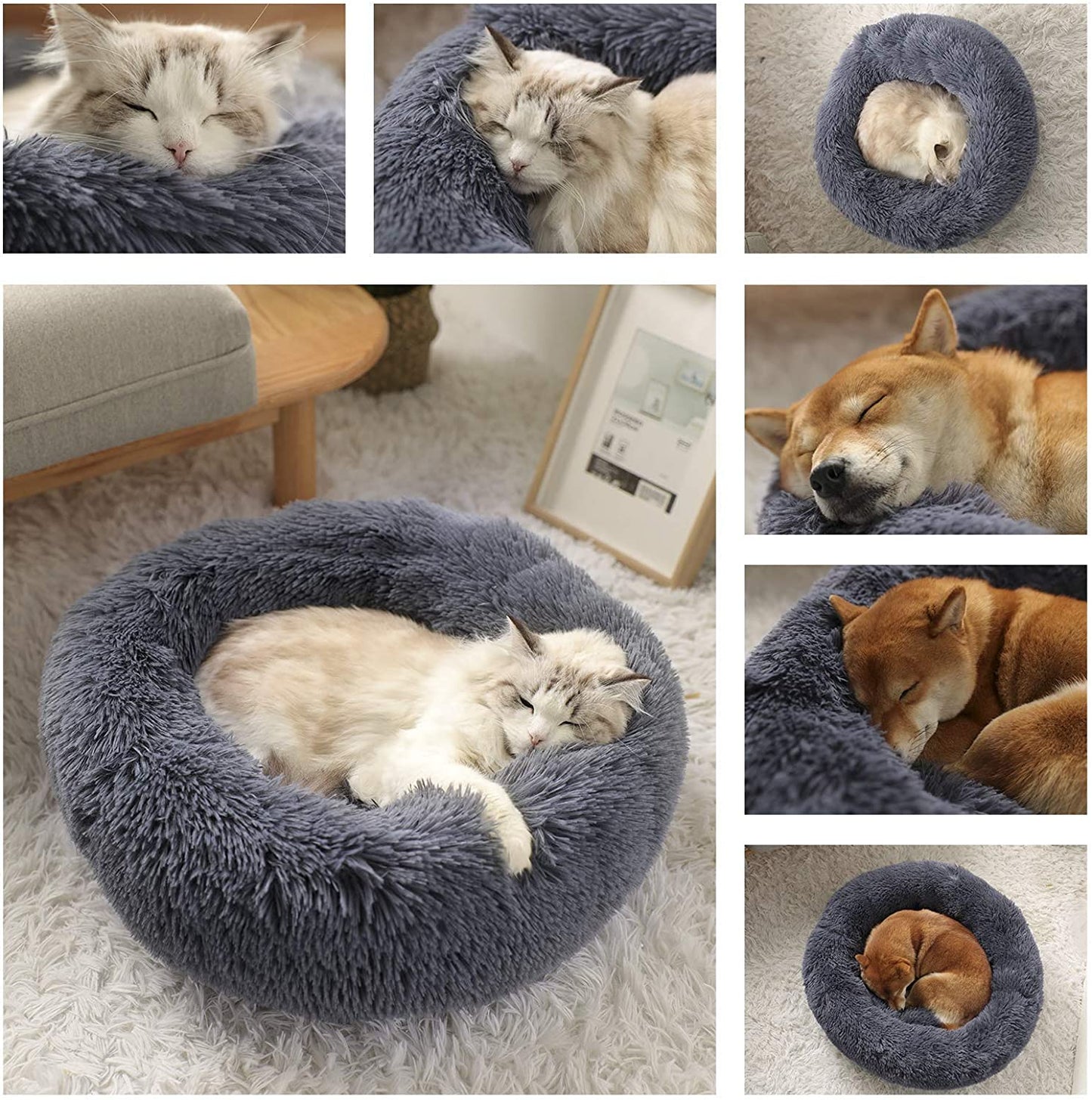 Dog Bed Calming Dog Beds for Small Medium Large Dogs - round Donut Washable Dog Bed, Anti-Slip Faux Fur Fluffy Donut Cuddler Anxiety Cat Bed(35")