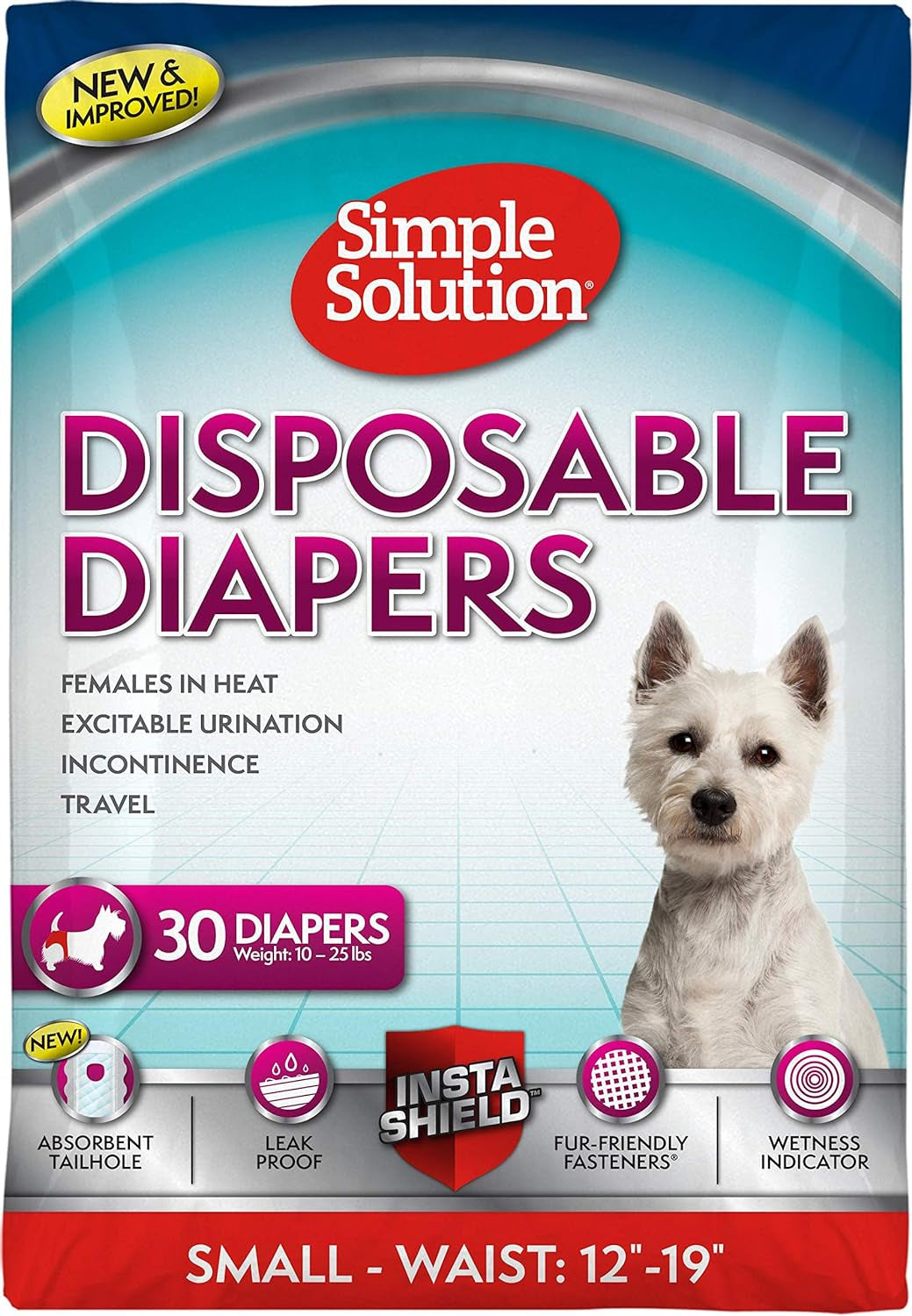 Simple Solution Disposable Dog Diapers for Female Dogs | Super Absorbent Leak-Proof Fit | Females in Heat, Excitable Urination, Incontinence, or Puppy Training | Small | White ,30 Count