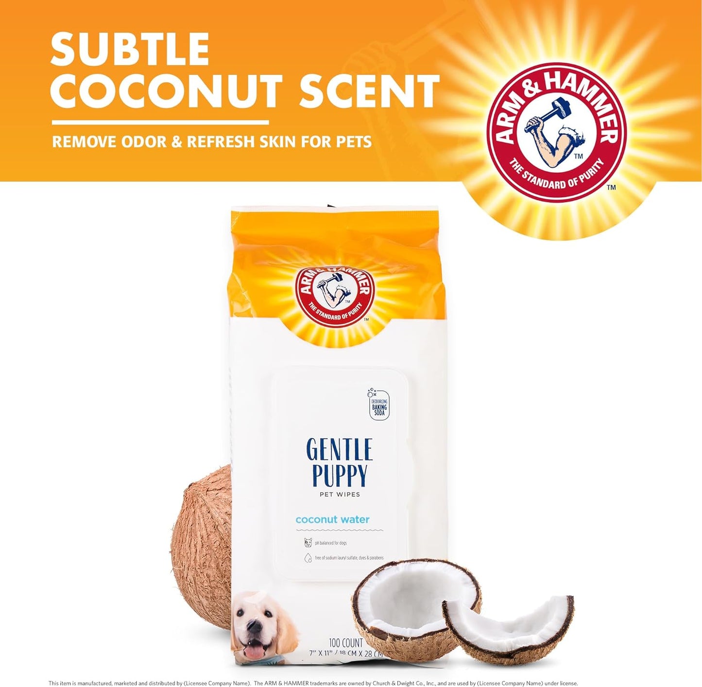 Arm & Hammer for Pets Gentle Puppy Bath Wipes, Coconut Water | All Purpose Puppy Cleaning Wipes Remove Odor & Refresh Skin for Pets | Gentle Tearless Pet Wipes 100 Count, 3 Pack