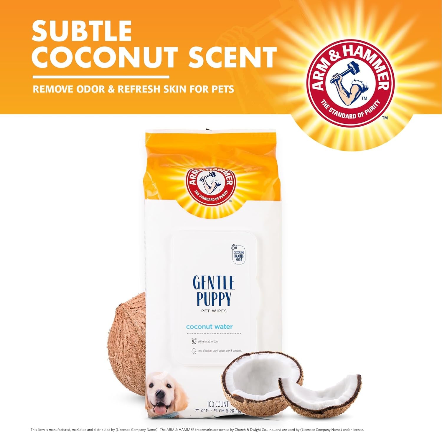 Arm & Hammer for Pets Gentle Puppy Bath Wipes, Coconut Water | All Purpose Puppy Cleaning Wipes Remove Odor & Refresh Skin for Pets | Gentle Tearless Pet Wipes 100 Count, 3 Pack