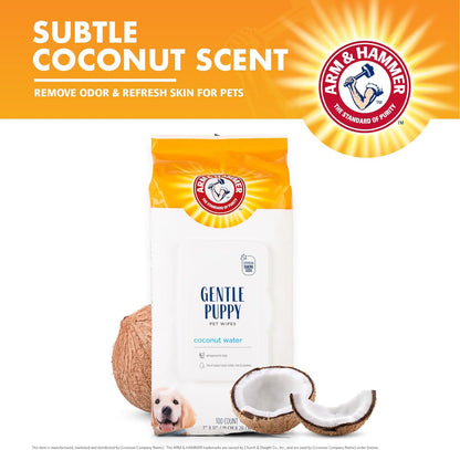 Arm & Hammer for Pets Gentle Puppy Bath Wipes, Coconut Water | All Purpose Puppy Cleaning Wipes Remove Odor & Refresh Skin for Pets | Gentle Tearless Pet Wipes 100 Count, 3 Pack