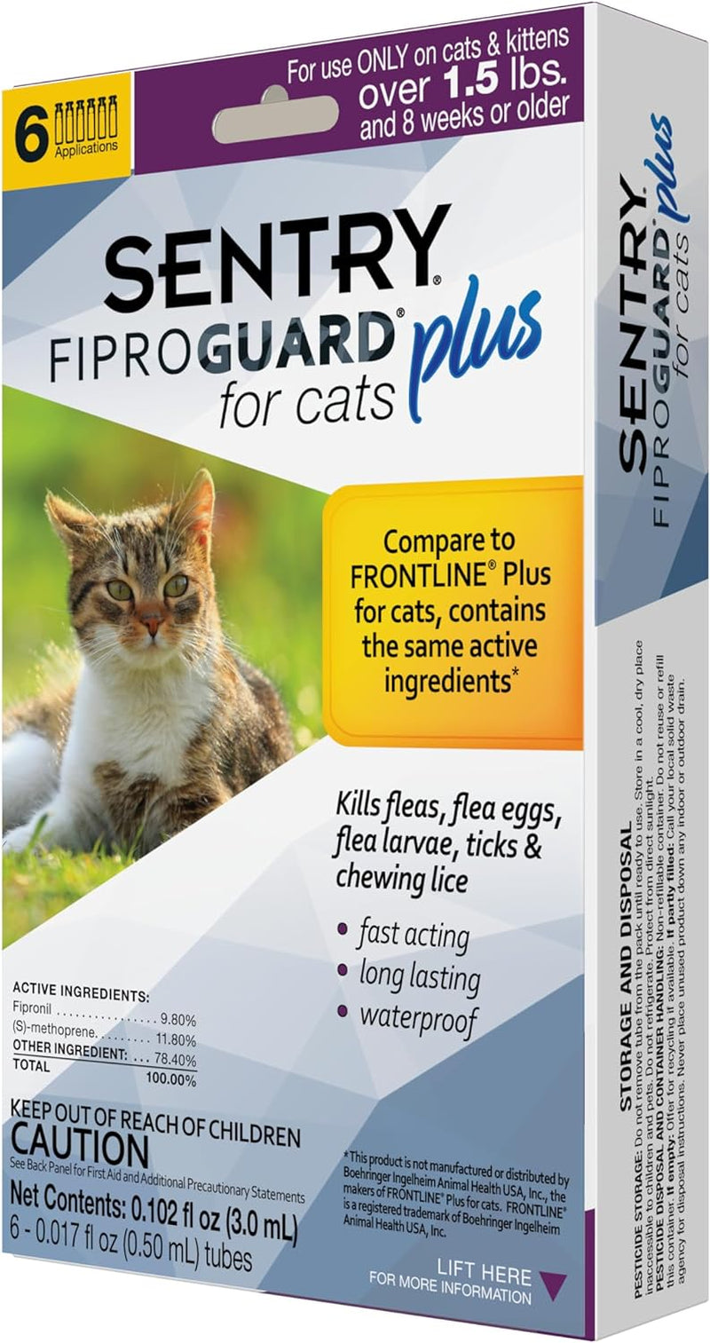 SENTRY Fiproguard plus for Cats, Flea and Tick Prevention for Cats (1.5 Pounds and Over), Includes 3 Month Supply of Topical Flea Treatments