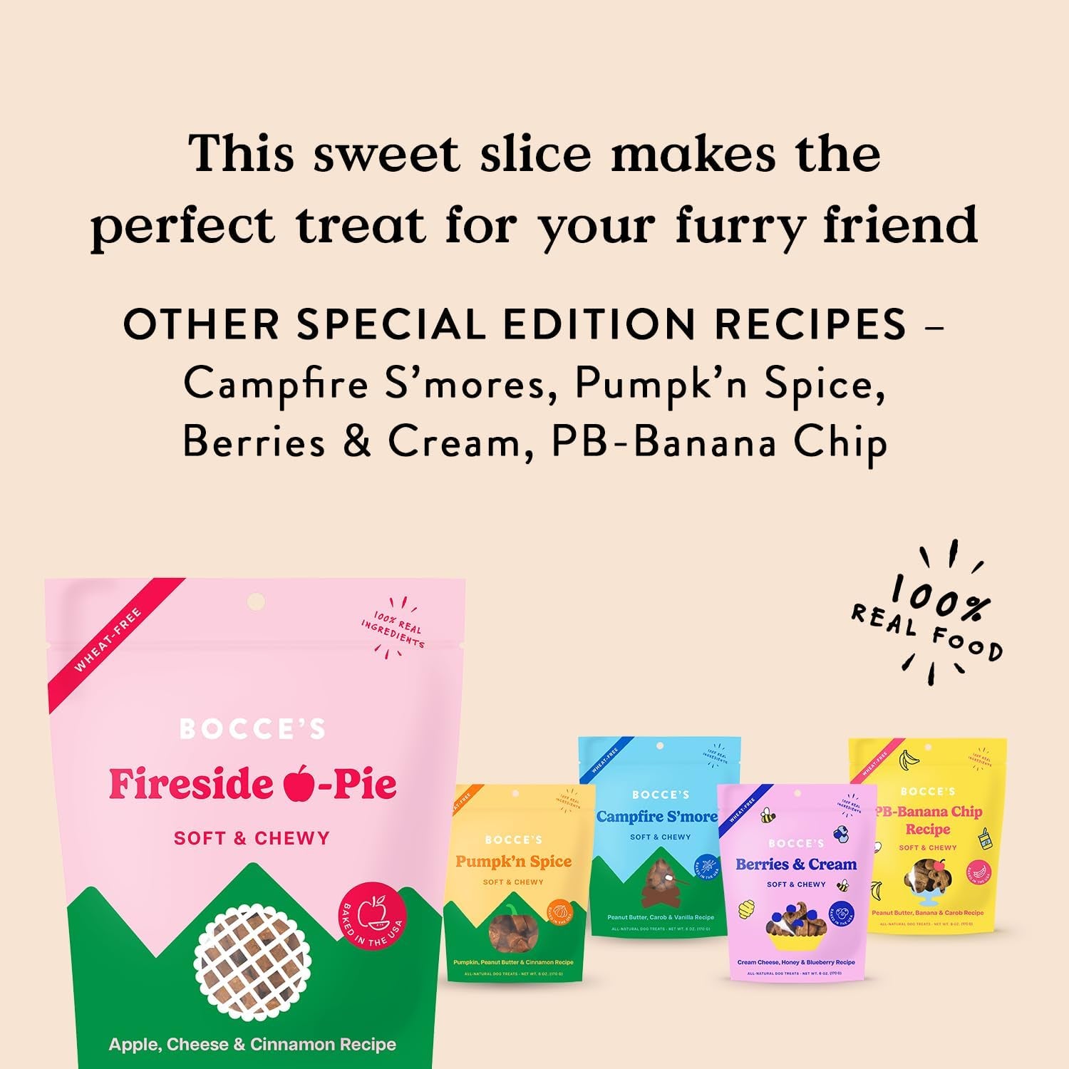 Bocce's Bakery Fireside Apple Pie Treats for Dogs, Wheat-Free Everyday Dog Treats, Made with Real Ingredients, Baked in The USA, All-Natural Soft & Chewy Cookies, Apples, Cheese & Cinnamon, 6 oz