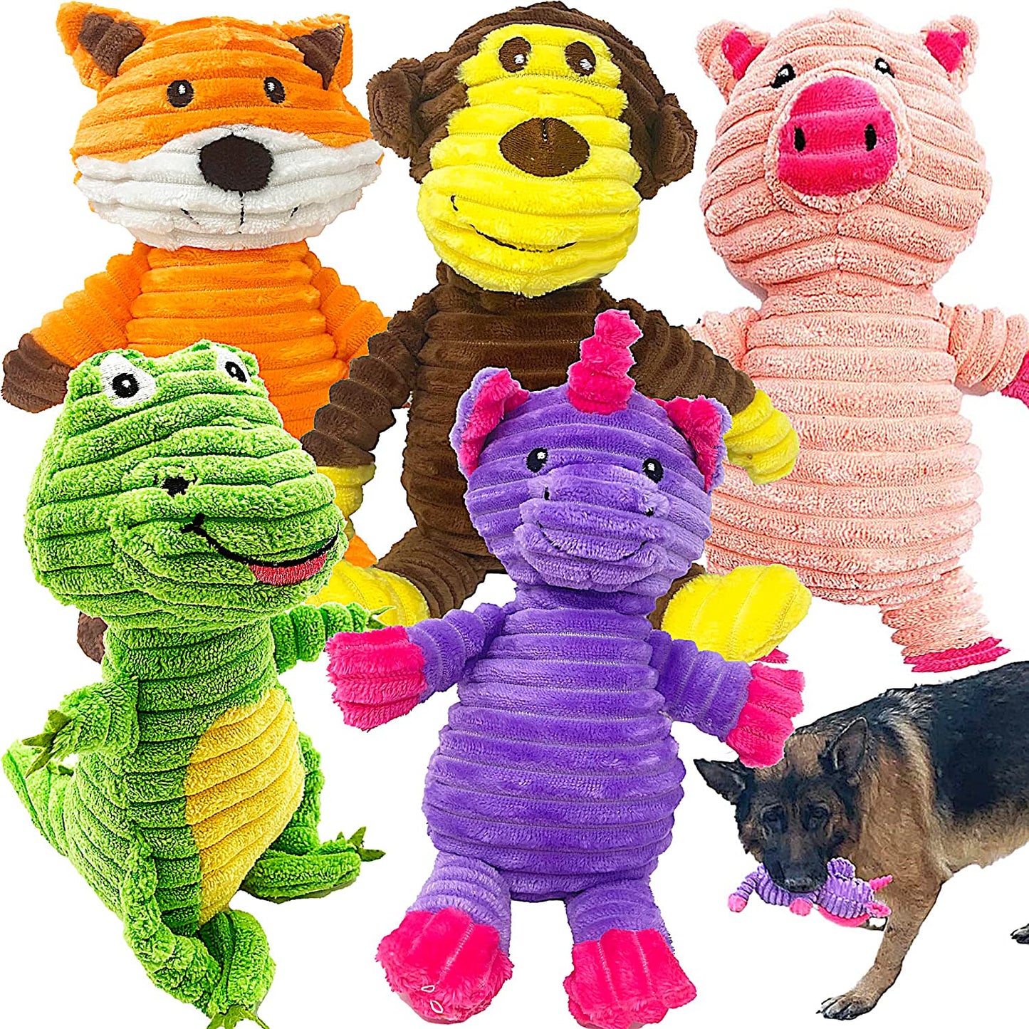 Jalousie 5 Pack Plush Toys Assortment Value Bundle Puppy Pet Mutt Squeak Toy for Medium Large Dogs