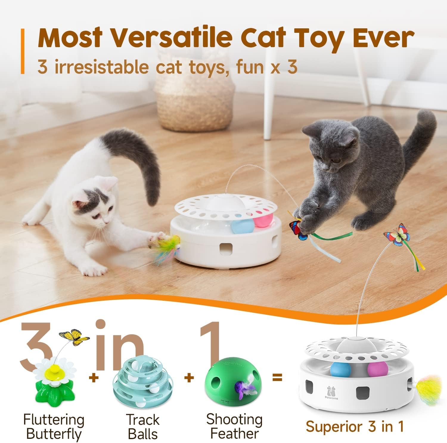 Potaroma Cat Toys 3In1 Automatic Interactive Kitten Toy, Fluttering Butterfly, Moving Ambush Feather, Track Balls, Dual Power Supplies, USB Powered, Indoor Exercise Kicker (Bright White)