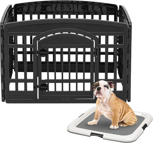 IRIS USA 24" Exercise 4-Panel Pet Playpen with Door and Square Training Pad Holder Set, Dog Playpen & Potty Pad Holder for Puppies and Small Dogs, Easy Assemble, Easy Storing, Floor Protection, Black