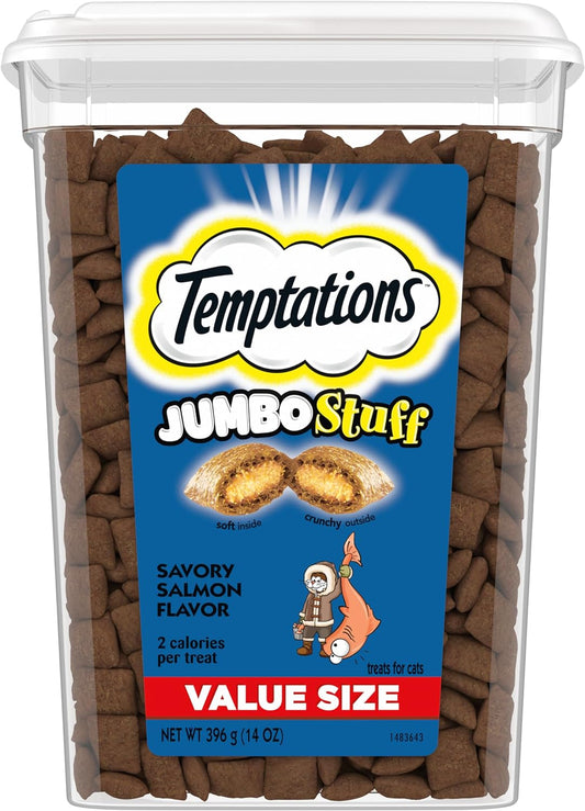 TEMPTATIONS Jumbo Stuff Crunchy and Soft Cat Treats, Savory Salmon Flavor, 14 Oz. Tub