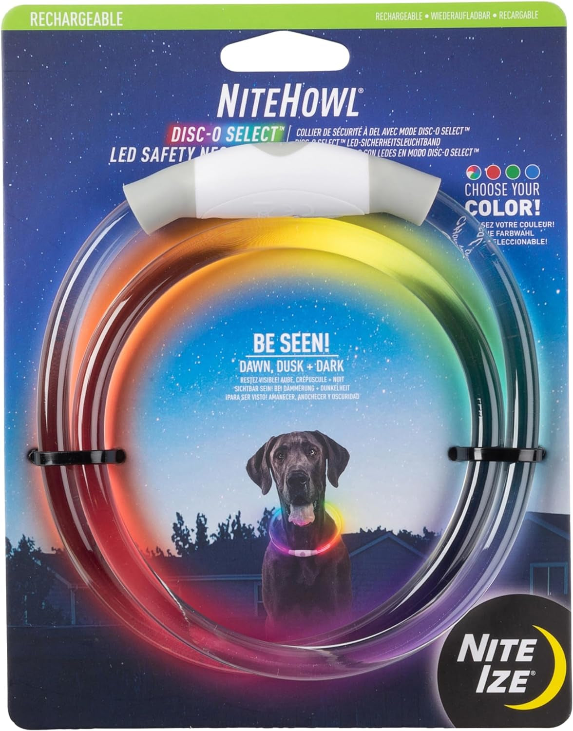 Nite Ize Nitehowl Rechargeable LED Safety Necklace - Rechargeable Light up Dog Necklace with LED Lights - Dog Accessories for Walking & Running at Night - Rechargeable Batteries - Multicolor