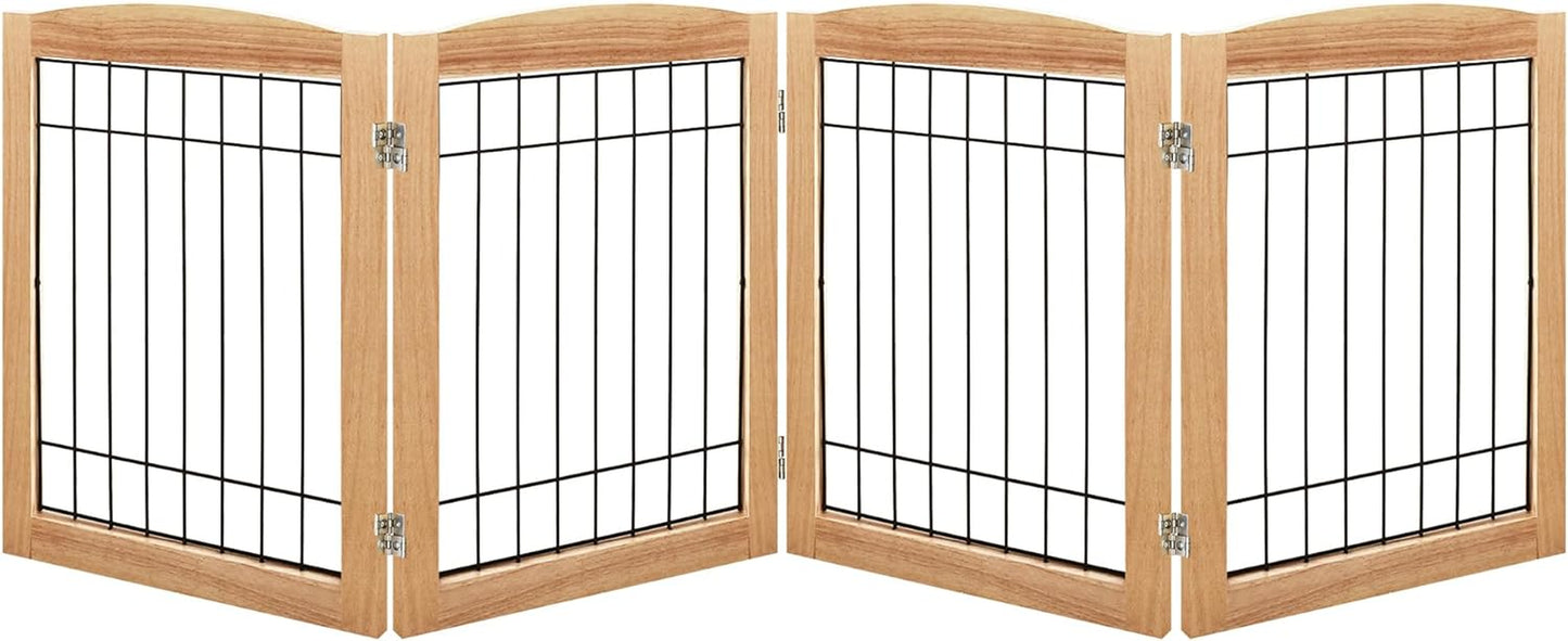 LZRS Sturdy Wood Pet Gate, Freestanding Wire Dog Gate Safety Fence Indoor, Foldable Stair Barrier Pet Exercise for Most Furry Friends, Dog Gate for Stairs, Natural,24" Height-4 Panels