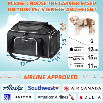 Top-Expandable Pet Carrier 17X11X11 Inches Delta American United Airline Approved, Soft-Sided Carrier for Small Cats and Dogs with Locking Safety Zippers and Anti-Scratch Mesh(Black)