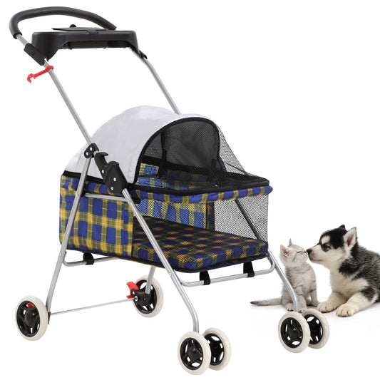 Bestpet Pet Stroller 4 Wheels Posh Folding Waterproof Portable Travel Cat Dog Stroller with Cup Holder (Yellow Plaid)