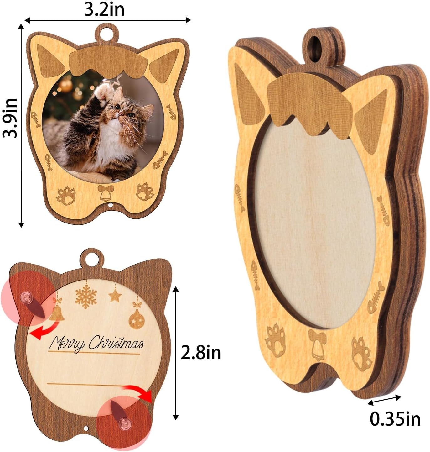 Creawoo Cat Picture Ornament 2024 Christmas Cat Photo Frame, Wooden Christmas Tree Decoration, Meow Xmas Ornament, Personalized Gift Holiday Hanging Pet Keepsake with Fish Dangle