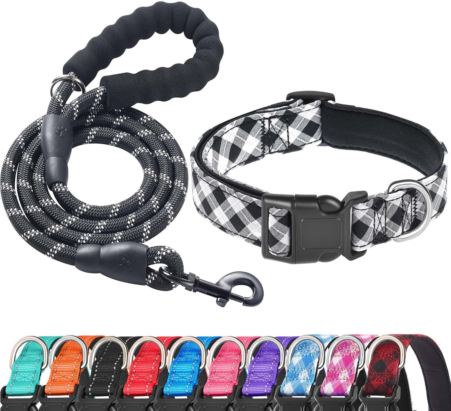 Reflective Dog Collar Padded with Soft Neoprene Breathable Adjustable Nylon Dog Collars for Small Medium Large Dogs (Small (Pack of 1), Black Plaid Collar+Leash)