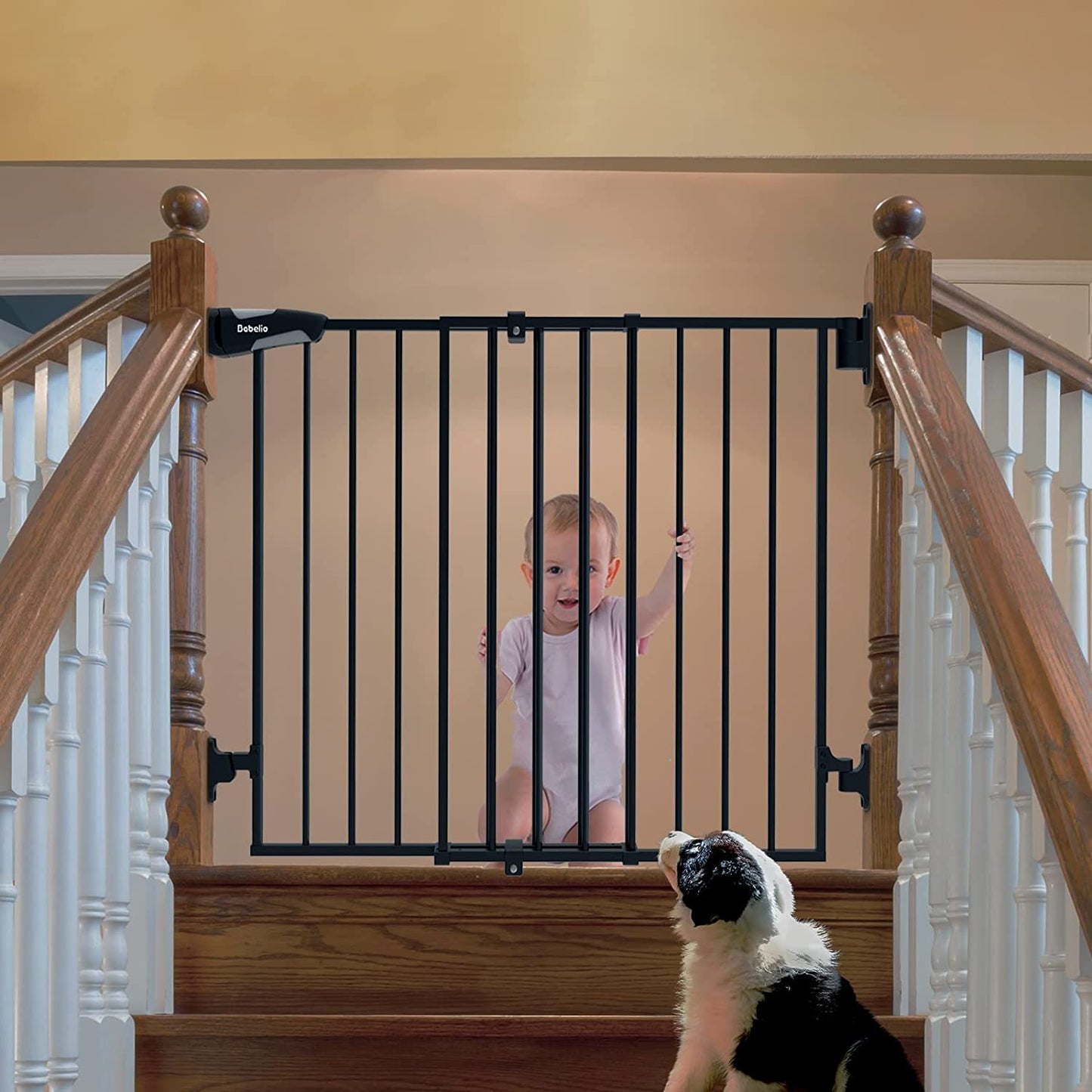 Babelio 26-43" No Bottom Bar Baby Gate for Babies, Elders and Pets, 2-In-1 Hardware Mount Dog Gate for the House, Stairs and Doorways, Safety Pet Gates with Large Walk Thru Door, Iron Black